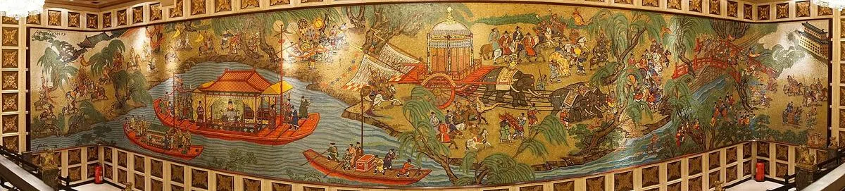 珍宝海鲜舫二楼的壁画《衣锦荣归图》融合东、西方的特色。（互联网）