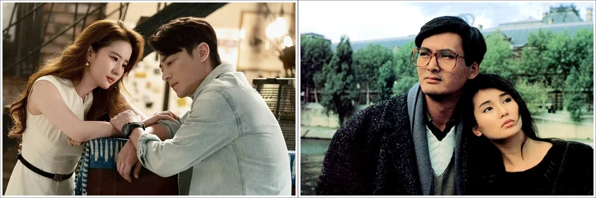 霍建华（左图右）在剧版《玫瑰的故事》饰演傅家明，剧中与刘亦菲的爱情很短暂。周润发（右图左）在电影版分饰张曼玉的哥哥、傅家明两角。（取自影剧微博、互联网）