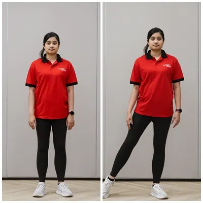 左图：站立，身体放松。右图：脚尖向外点地后，回到原位。 （刘欣怡摄）