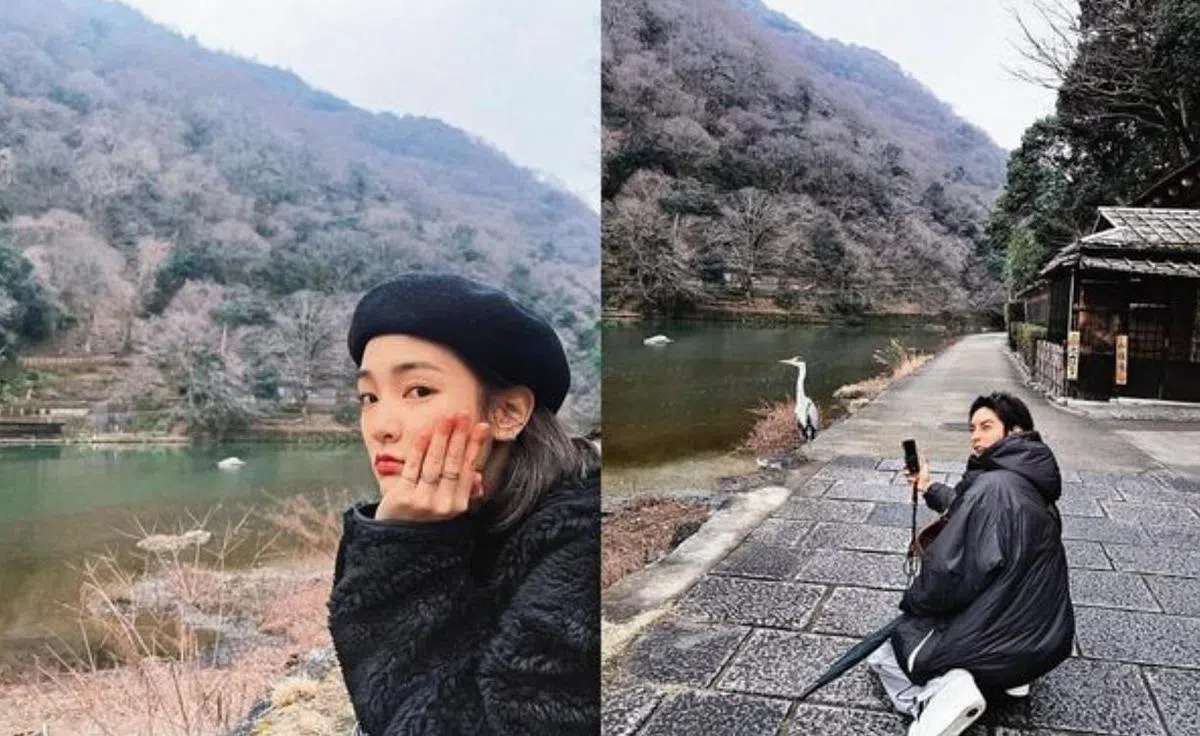 两人不避嫌同步在各自社交媒体分享景点风景照，背景可见为同一地点。（取自网络）