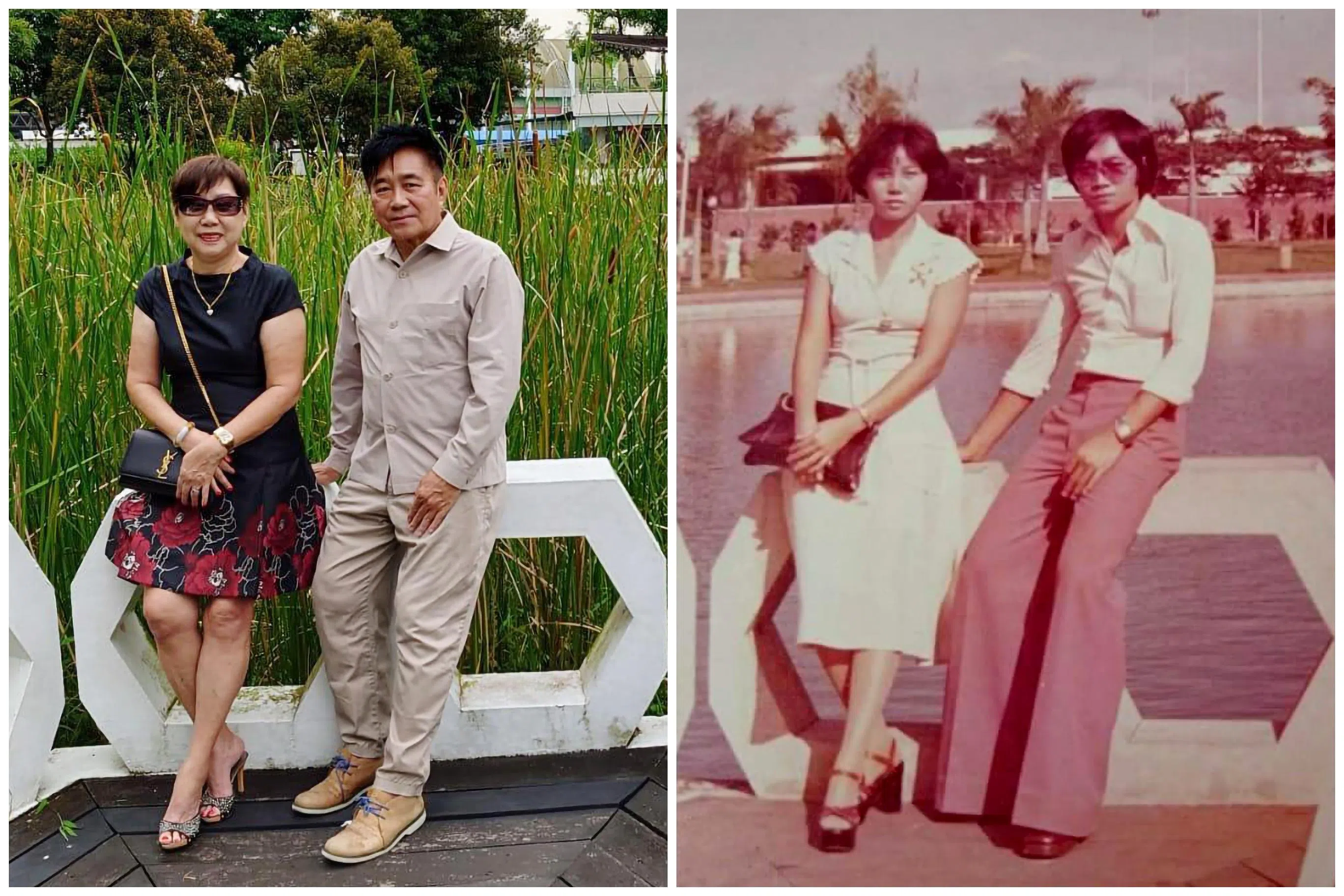 杨永发和妻子江惜妹，分别在1974年（右）和2024年（左），在大巴窑市镇公园内池塘一角拍照。夫妇两人有意在2037年结婚60周年时，再回到公园庆祝这一重要纪念日。（受访者提供）