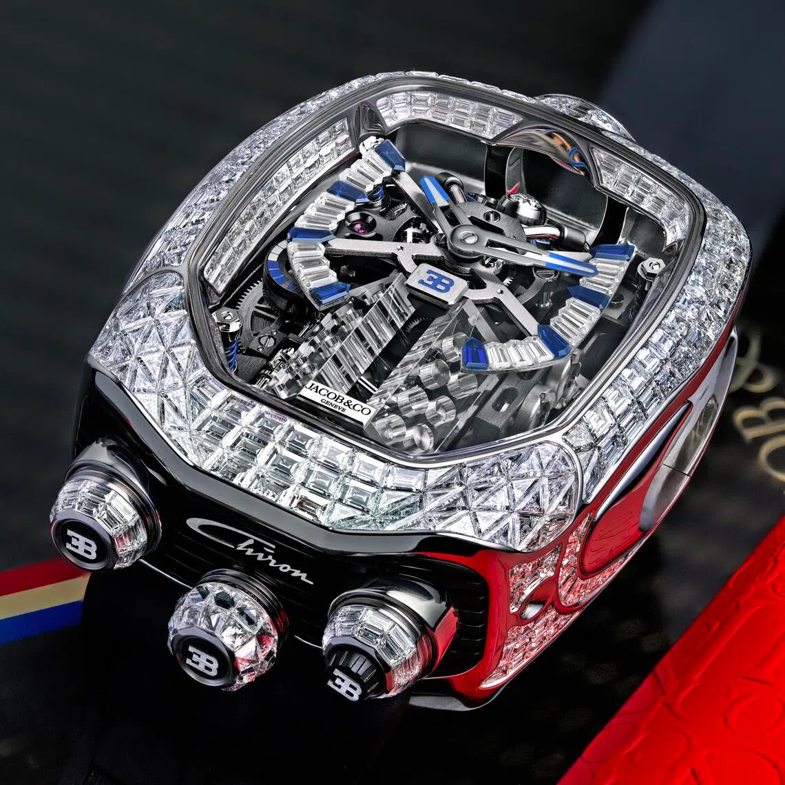 Bugatti Chiron Tourbillon腕表奢华耀眼，将布加迪W16引擎直接移植到腕间。（杰克宝提供）