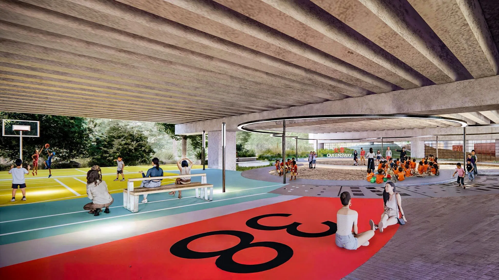 建筑师设计的构想图，将女皇大道高架桥下的空间，打造为全新的多用途空间。（取自徐芳达脸书）