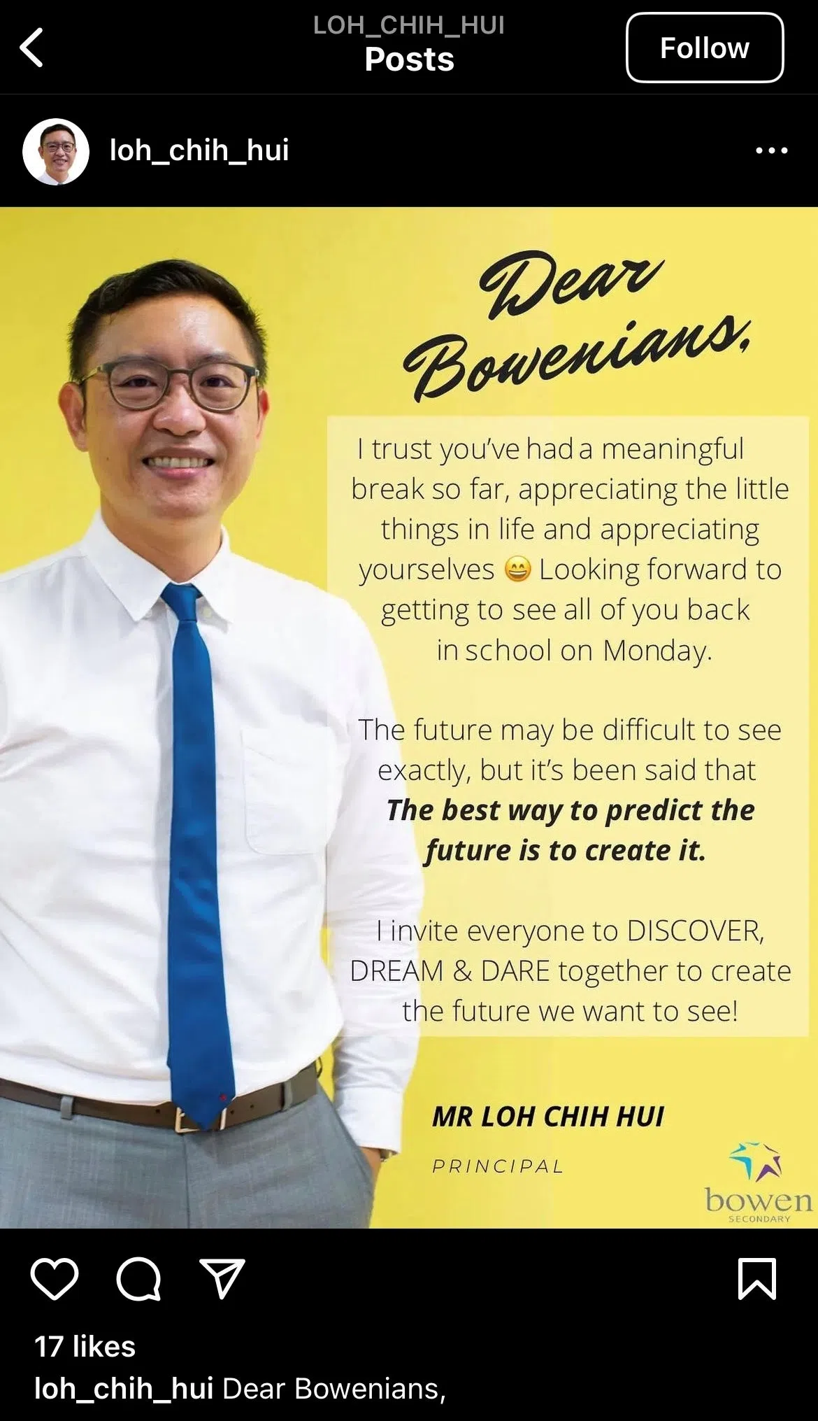 账号从学校官方账户截取校长照片，并以校长身份发文，鼓励学生在6月假期结束之际专心学习。（Instagram截图）