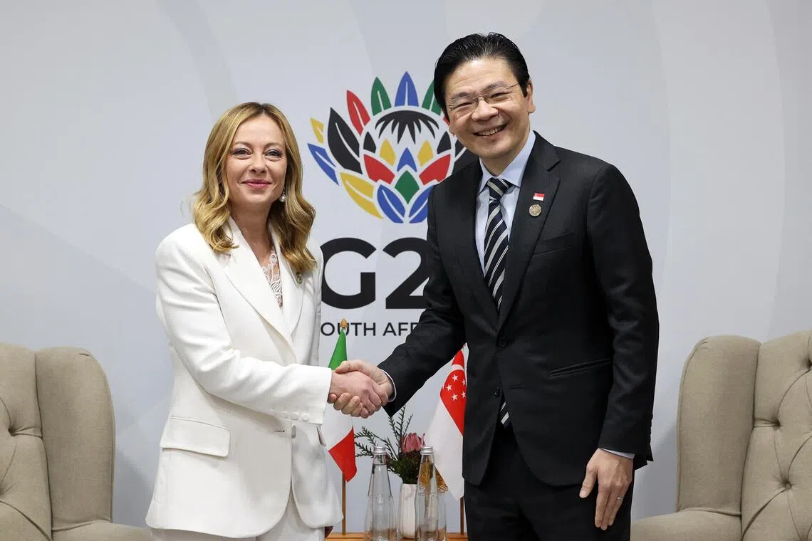 黄循财总理（右）星期天（11月23日）在G20峰会场边与意大利总理梅洛尼会面，两人同意新意两国在国防安全、贸易及研究领域可加强合作。（数码发展及新闻部提供）