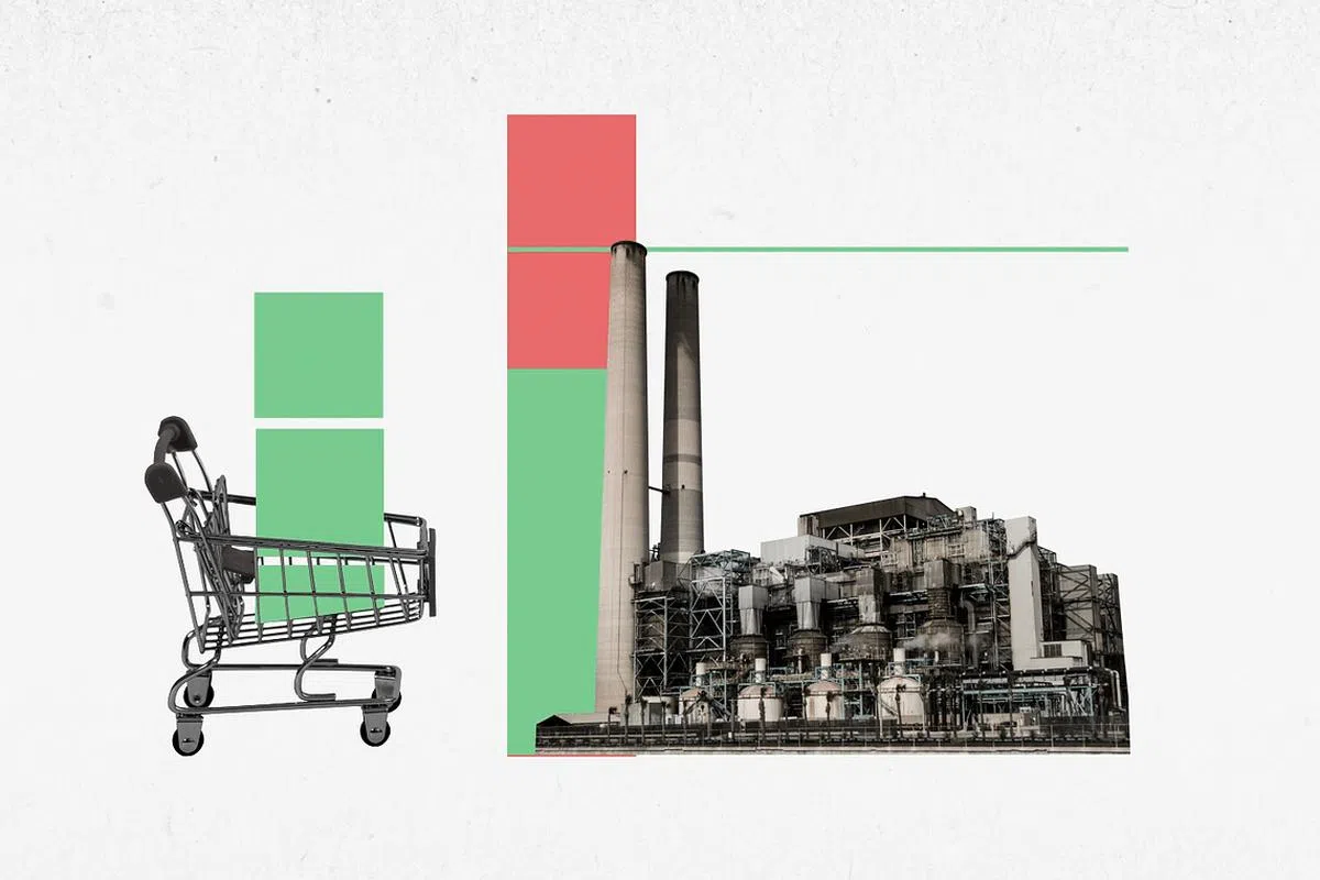 如果企业的碳排放超标（红色），就需要在市场购买碳信用（绿色），抵消超标份额。（早报制图）