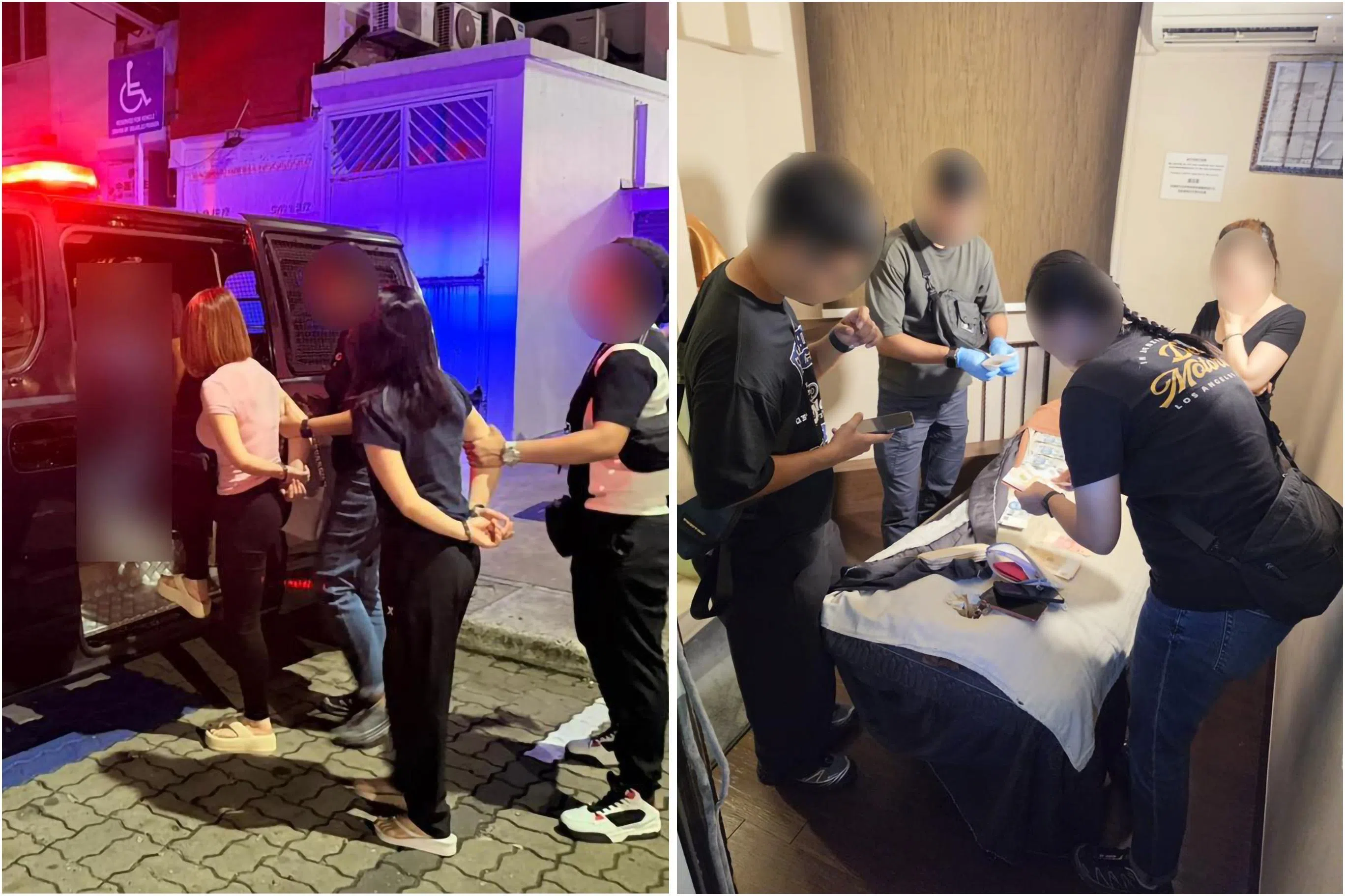 （左图）两名女子双手上铐，从店内被带出。（右图）执法人员进入其中一间店面搜证。（新加坡警察部队提供）