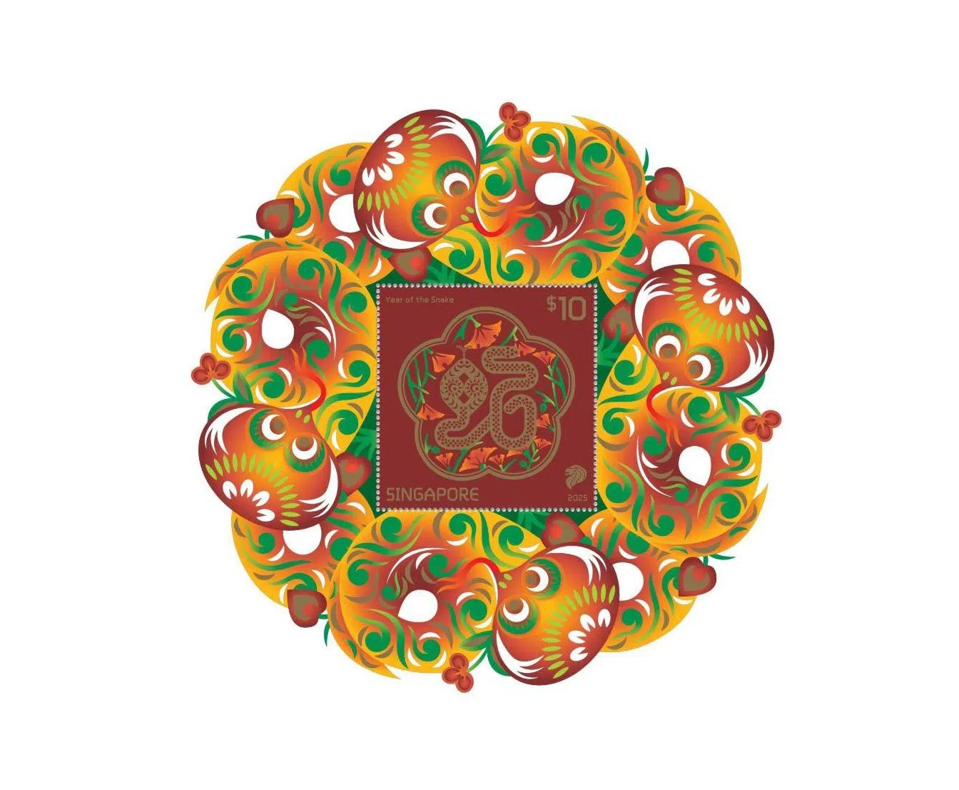 10元面值的蛇年纪念邮票，以中国传统剪纸为设计，售价19元1角5分。（新邮政提供）