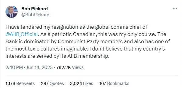 来自加拿大的亚投行通讯部门主任毕加博（Bob Pickard）星期三（6月14日）在推特发文称，他已递交辞呈，并声称亚投行被共产党员主导，存在有毒文化。（截图自毕加博推特）