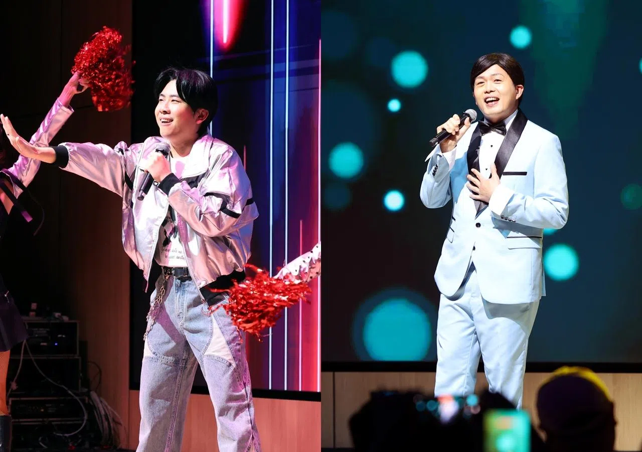 余思远（左图）和温国贤分别演绎四大天王里的郭富城和黎明。（萧紫薇摄）