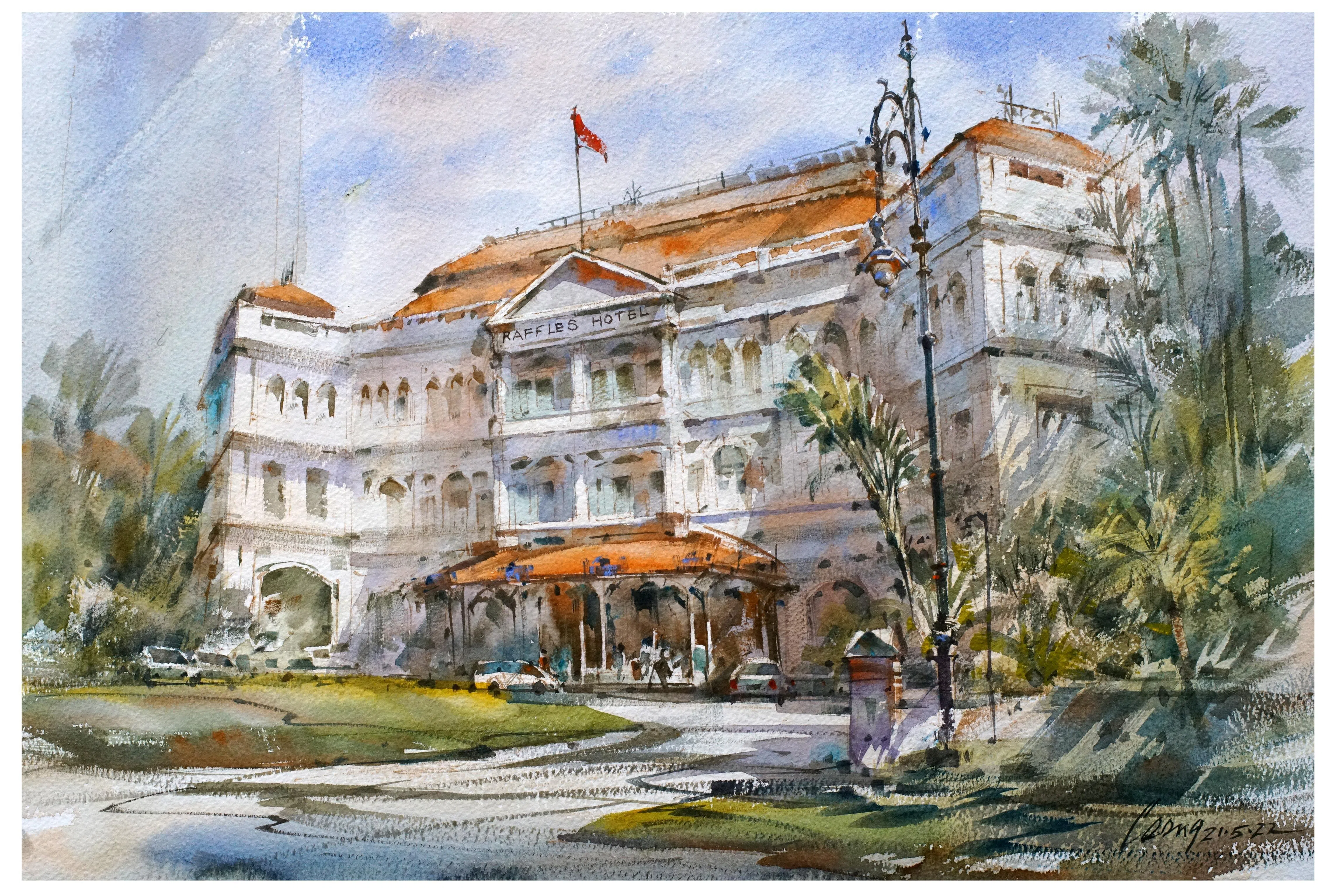 梁才才水彩画《沐浴在晨光里的莱佛士酒店》。（VAC画廊与工作室提供）