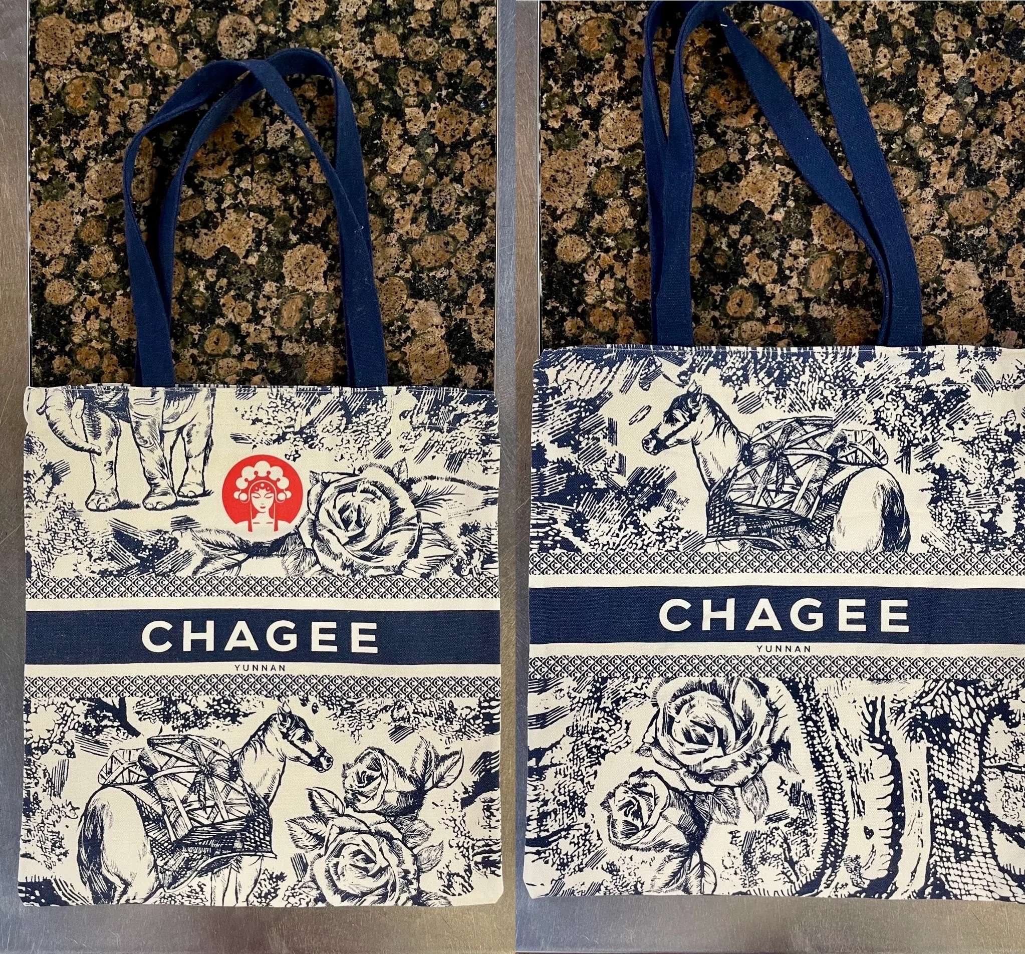 霸王茶姬包装上的图案是山茶花、大象与运货马儿，重现云南茶马古道风情。（林方伟摄）