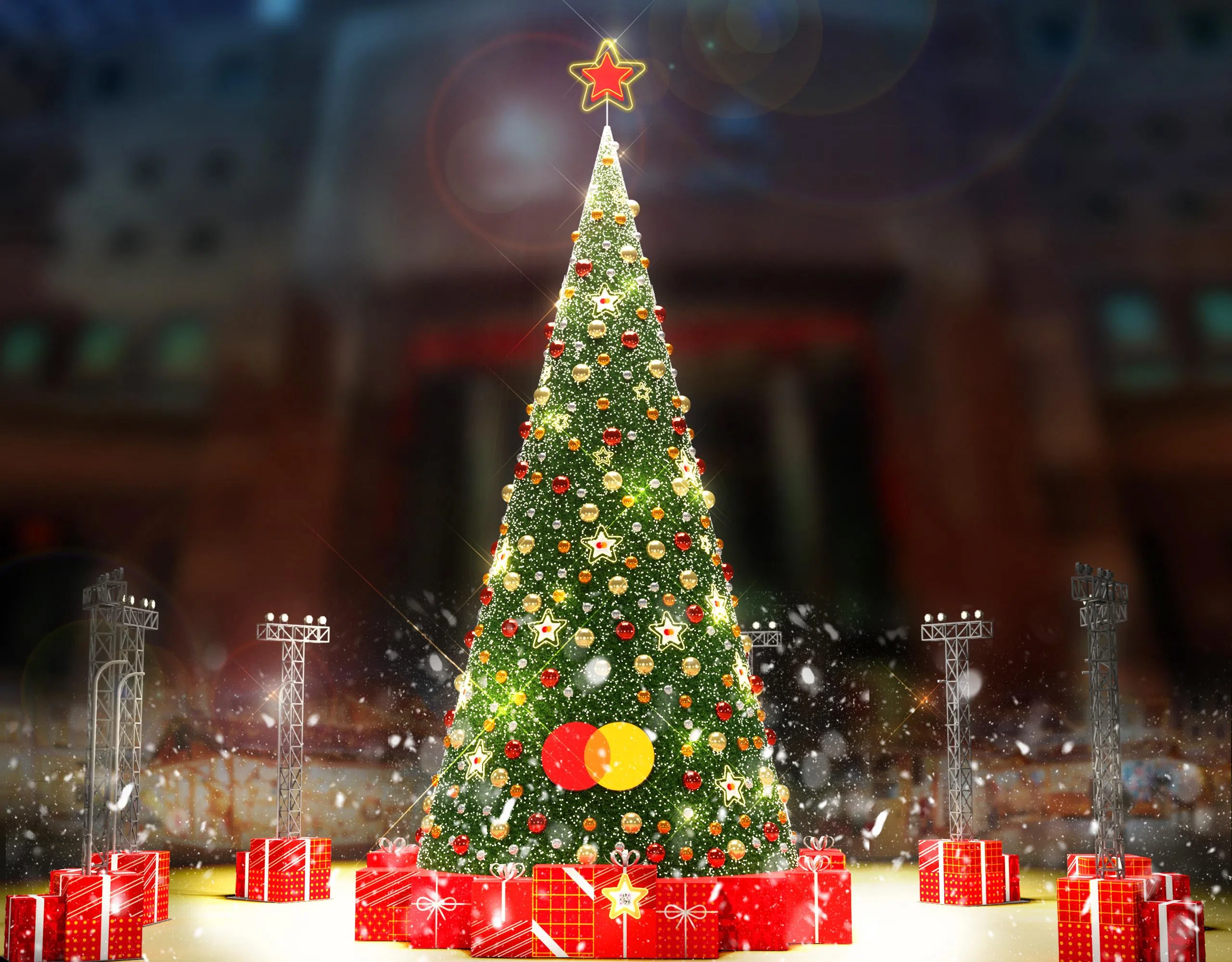 今年在义安城圣诞村特别设立了一个14米高的户外圣诞树，公众在每晚8时至9时的时段将看到落雪效果。（乌节路商联会提供）