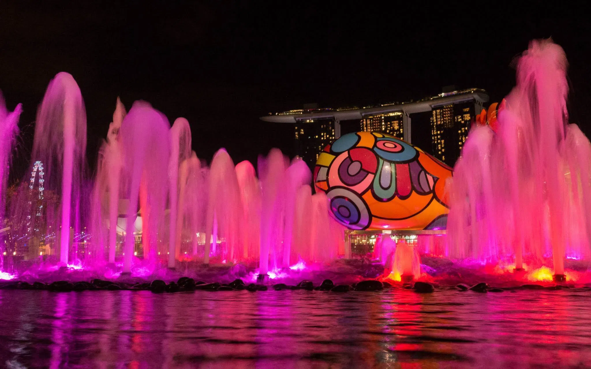 摄于2015年富丽敦酒店及鱼尾狮公园一带的“Hippop’Art”艺术展。多年后，滨海湾区依然热闹，定期举行灯光节与无人机表演等活动。（取自李资政脸书）