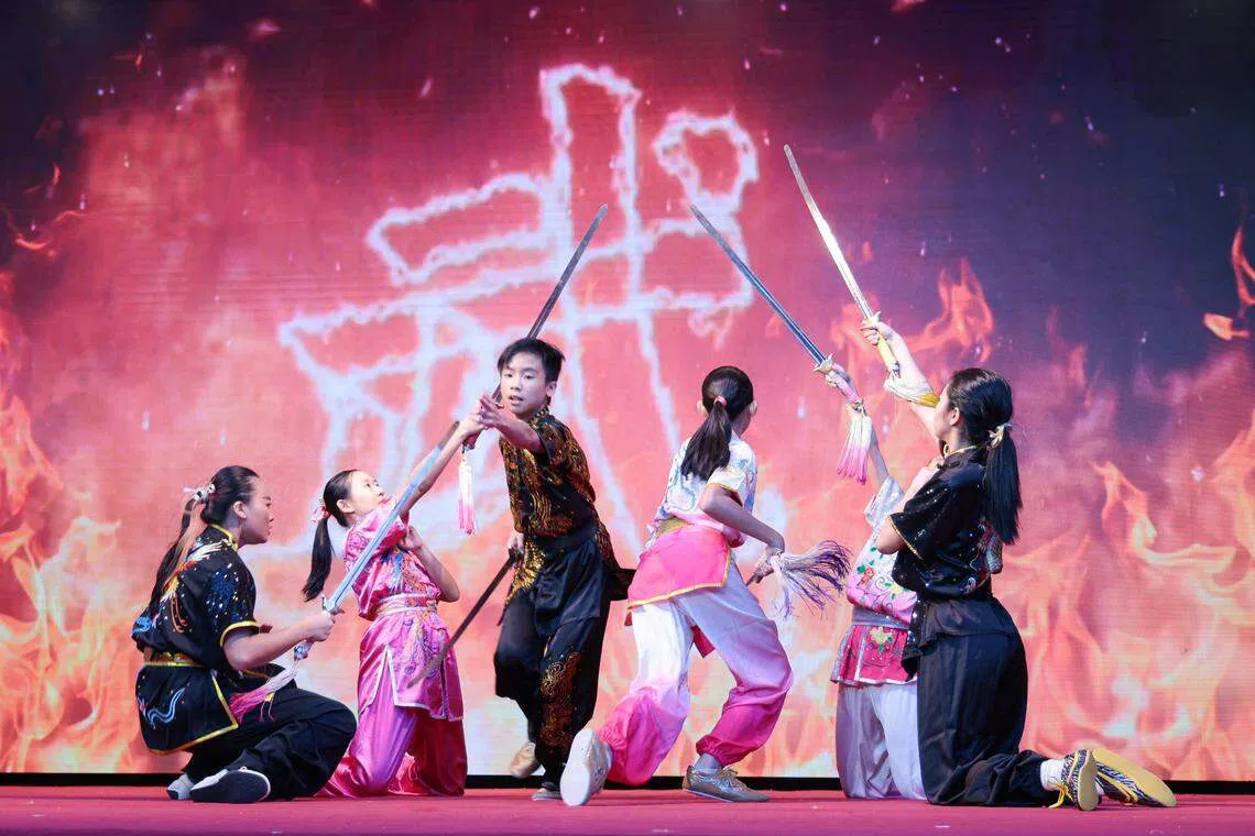 星洲惠华国术研究社社员表演剑术，架势十足。（李冠卫摄）