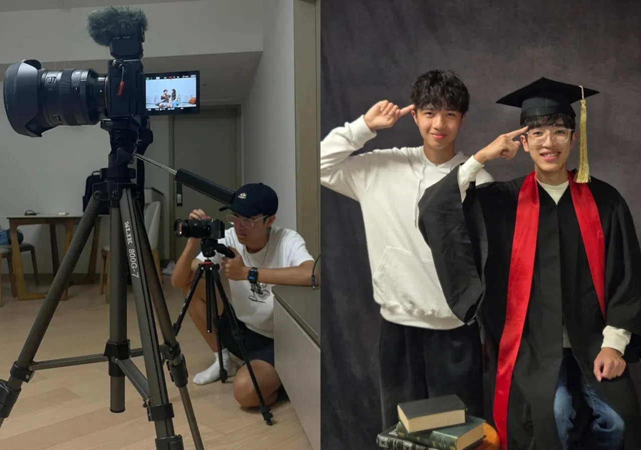 学霸李立仁（左）、右图右）亲自掌镜摄执导短片，手法相当纯熟专业。 （互联网）