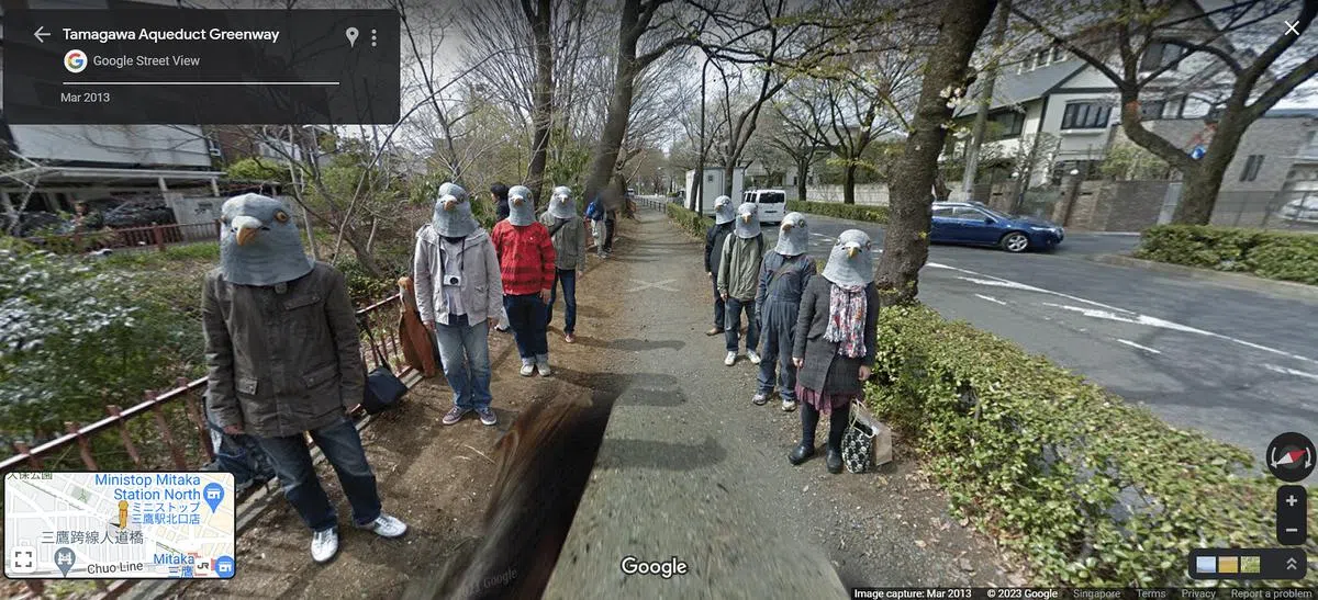 东京玉川上水街景里带着鸽子头套的行人。（谷歌街景截图）