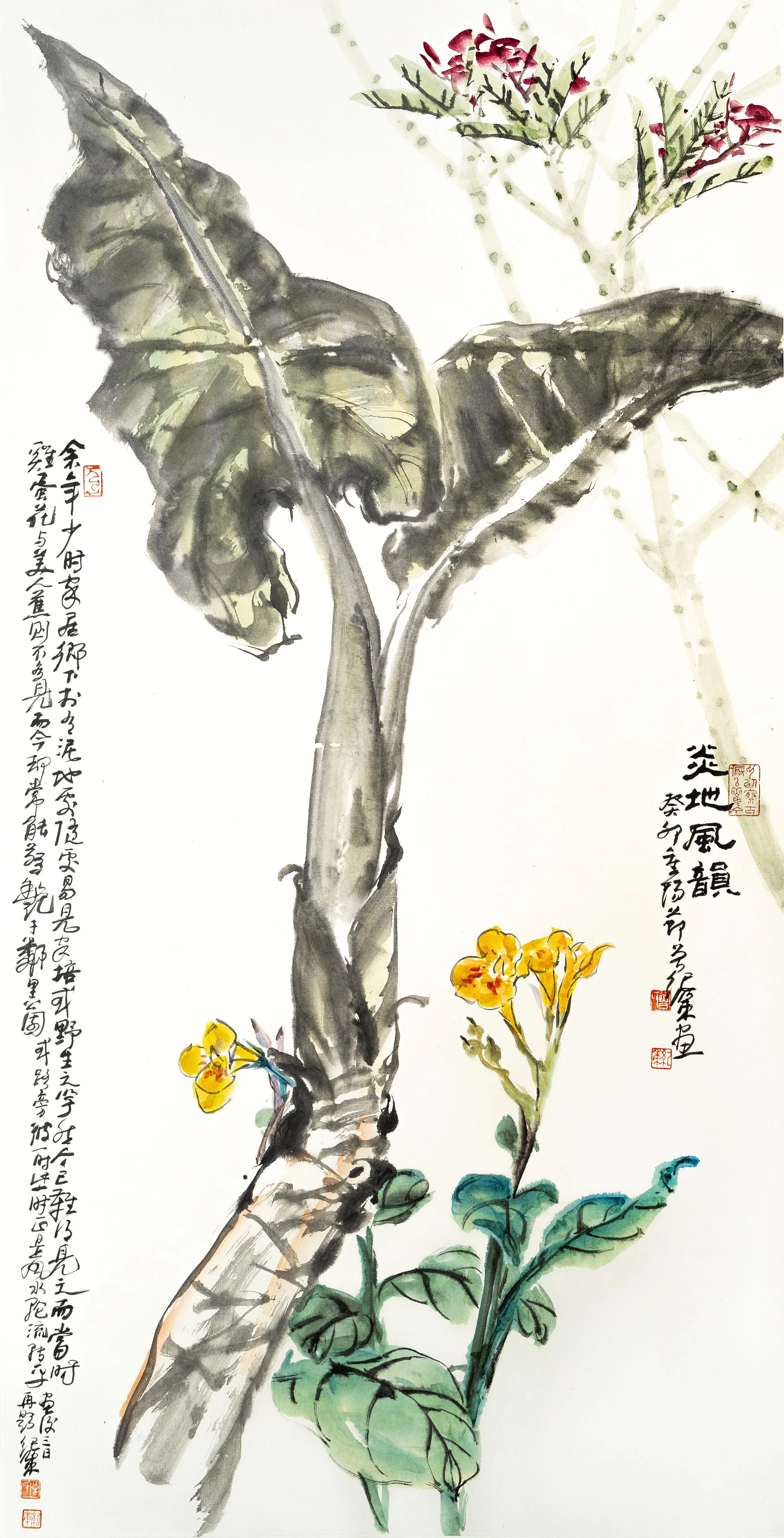 曾纪策彩墨画《南洋风物》。（啸涛篆刻书画会提供）