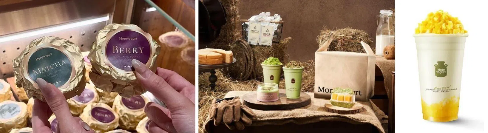 茉酸奶主打天然发酵酸奶与每日现制工艺。右图为新推出的黄梨酸奶奶昔。（品牌提供）