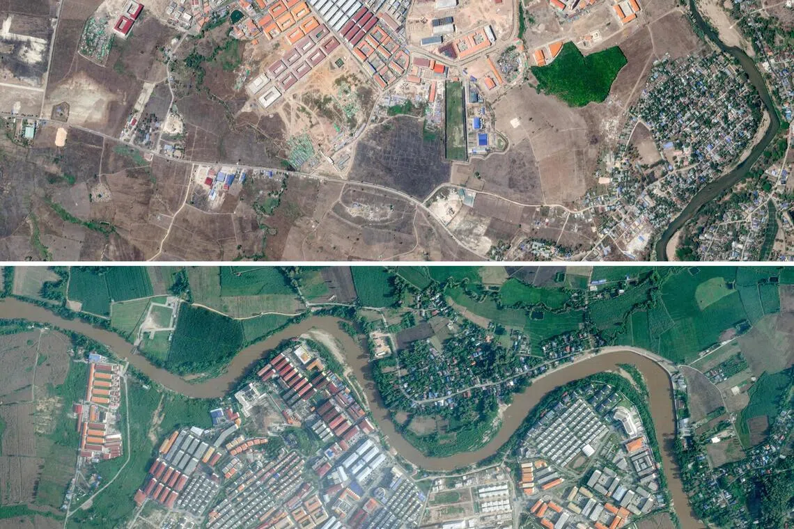 地球成像公司行星实验室（Planet Labs）今年9月30日拍下的缅甸妙瓦底地区KK园区（下图），比起3月2日所拍（上图）明显多了许多新建筑，规模更大。（法新社）