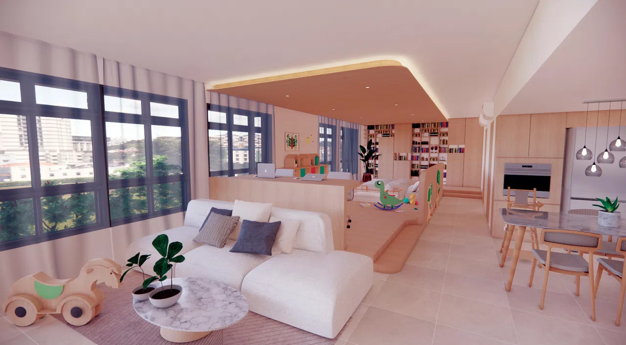 建屋局首次推出内部没有隔墙和看不见横梁的“白色组屋”（White Flats）单位，售价比传统单位便宜多达8600元。（建屋发展局构想图）
