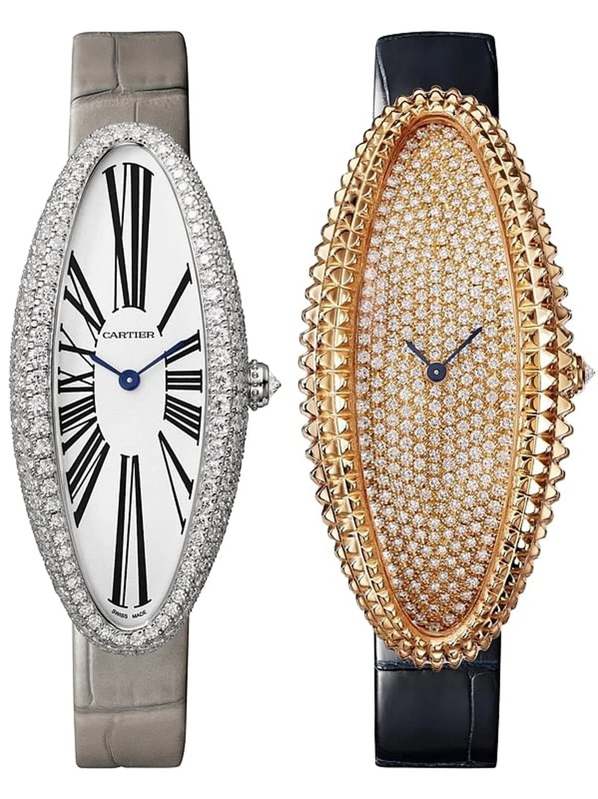 （左图）表盘有卡地亚标志性时标的Baignoire腕表。（右图）卡地亚在2019年复刻的Baignoire珠宝腕表。（图/商家提供）