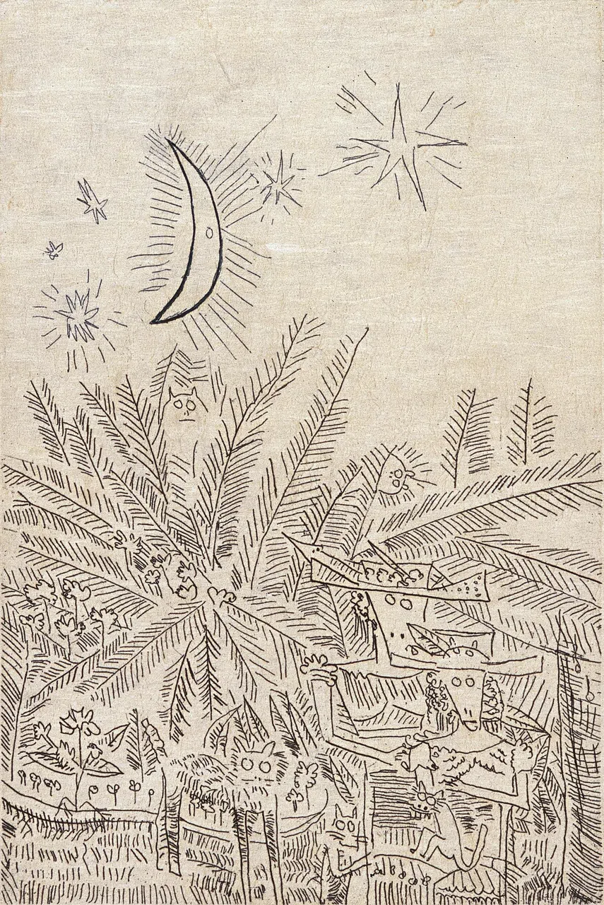 林飞龙1982年版画《石板下的草，Plate II》。（巴黎林飞龙遗产提供）