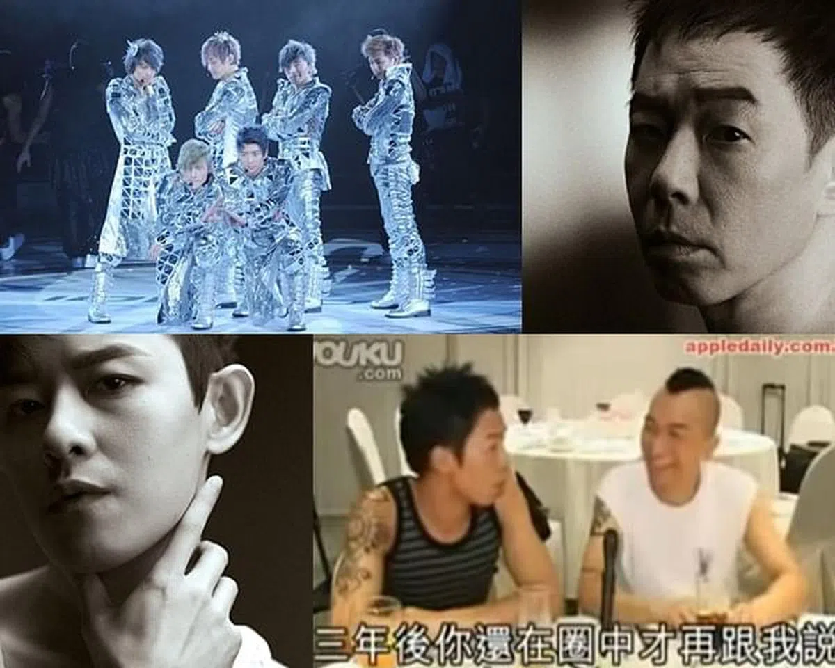 棒棒堂当年红到在香港红馆开唱（左上图，互联网）；今天的黄贯中（右上图，微博）；今天的敖犬（左下图，微博）；黄贯中当年和Beyond队友黄家强呛棒棒堂（右下图，视频截图）。