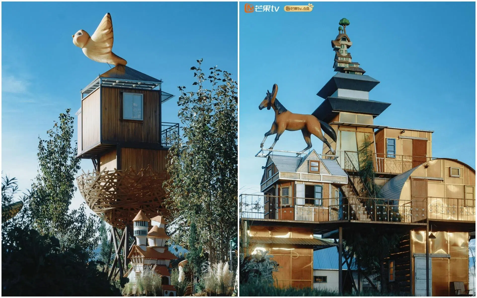 张远的英文名字是Bird，他的住所设计如鸟巢（左图），苏醒想去马尔代夫，节目组给他的屋子加了一只有人耳的马（右图）。（取自节目官方微博）