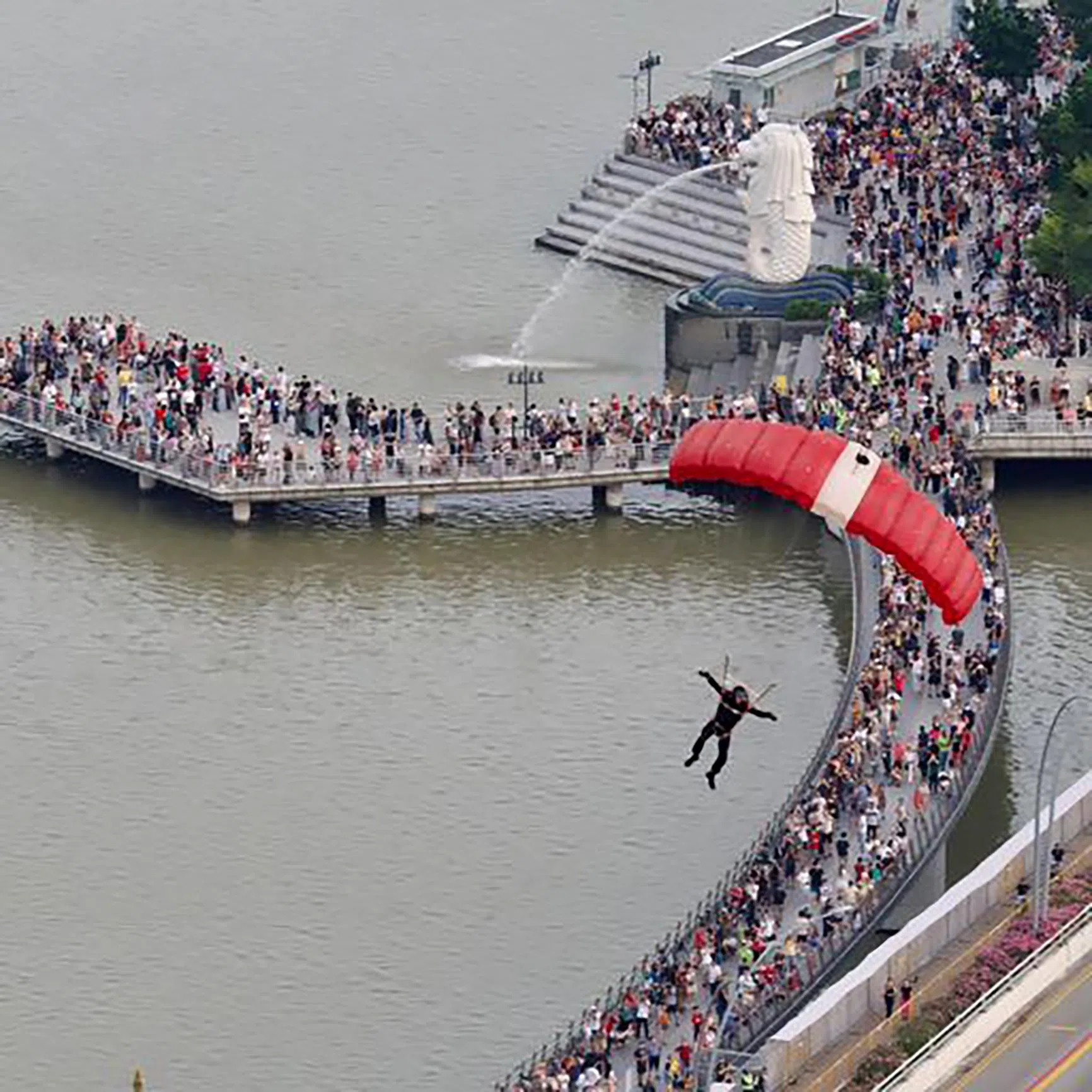 国庆庆典预演进行的时候，大批公众聚集在滨海湾鱼尾狮公园走道，目睹红狮跳伞的英姿。一名早报读者从瑞士史丹福酒店62楼高角度拍下这振奋人心的一幕。（王明华摄）