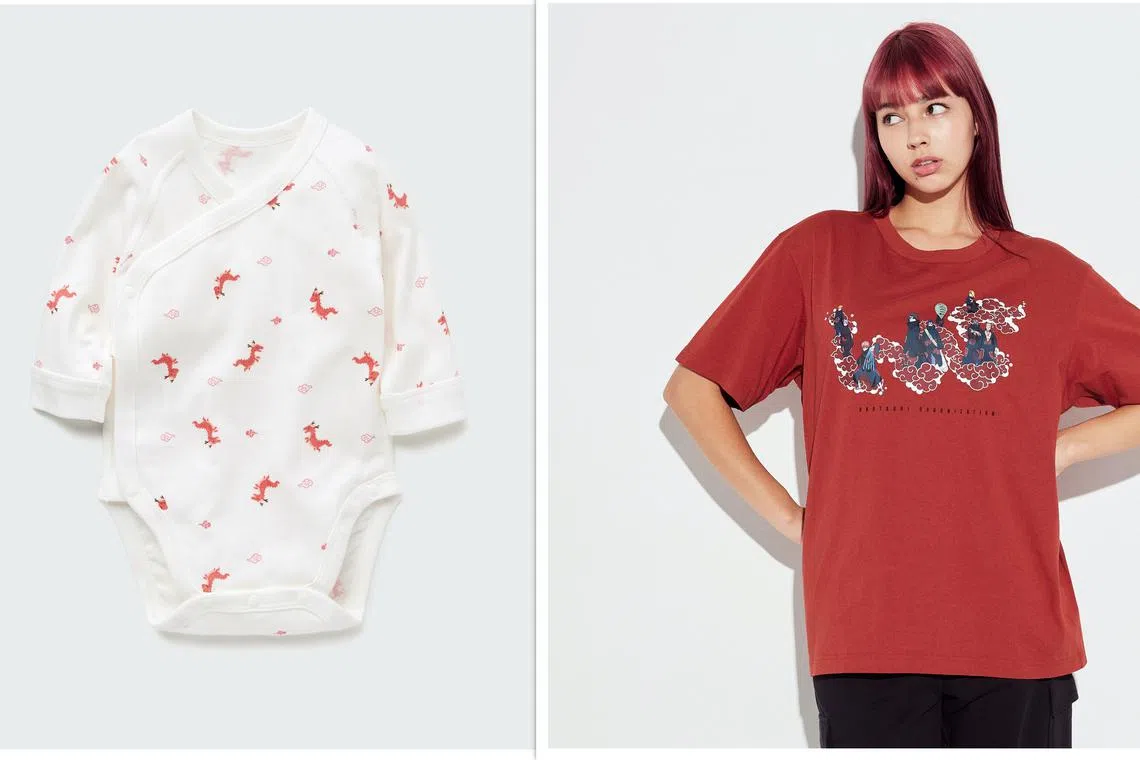 左图：Uniqlo印上小龙图的婴儿连身衣（onesie）；右图：《火影忍者》人物踩着祥云，云朵拼出一条祥龙图形，印成UT T恤很应景。（Uniqlo提供）