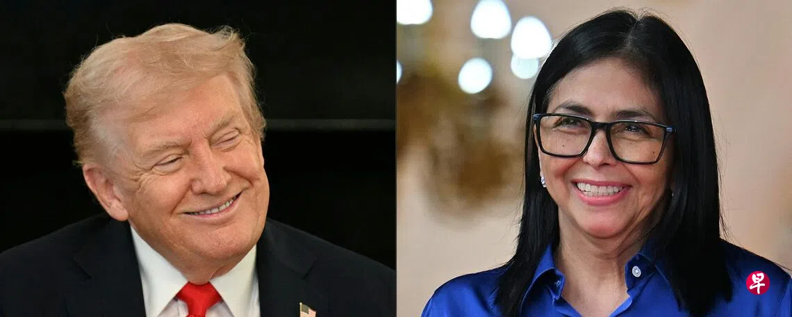 美国总统特朗普（左）说，美国将控制委内瑞拉庞大石油储量的五分之一。委内瑞拉代总统罗德里格斯（右）说，与美国达成的能源协议是“历史性的”。 （法新社档案照片）