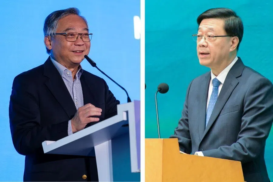 今年新加坡出场的政要是副总理兼贸工部长颜金勇（左），香港金融科技周则是特首李家超（右）作为嘉宾（档案照片／中新社）