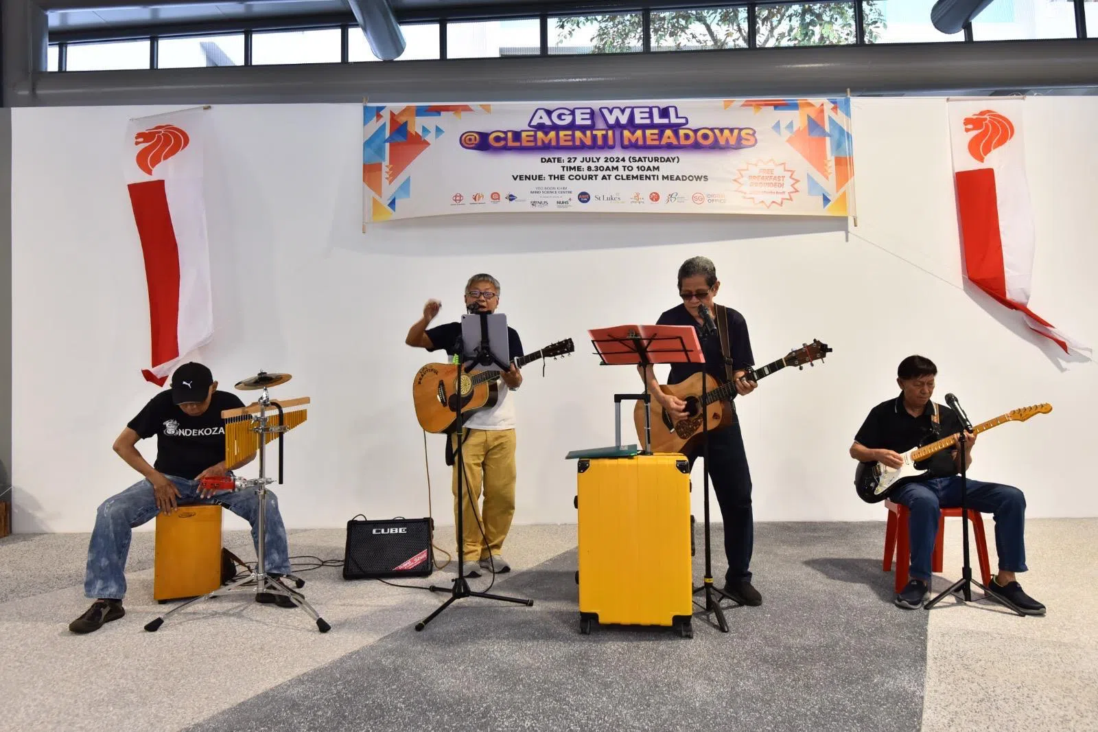 平均年龄65岁的乐队组合“RAPO”，受邀在社区活动表演。四名成员为：欧阳天助（55岁，左起）、林国华（60岁） 、安东尼（Marshall Allen Anthony，71岁）和库丝柏（Shepherdson Roland Cuthbert，77岁）。 （受访者提供）