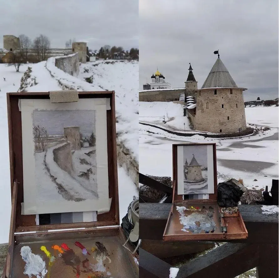 陈智伟喜欢俄罗斯的冬天，经常带上自制画架到郊外写生。（取自受访者IG）