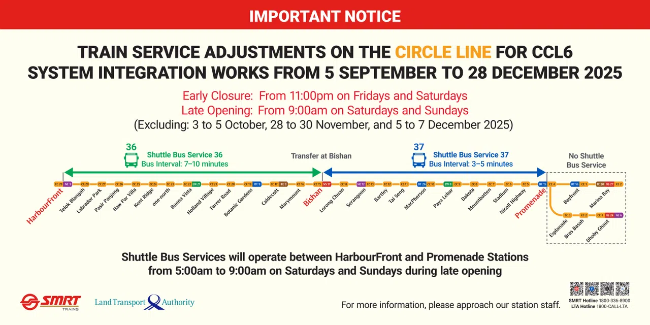 环线服务“早关迟开”期间，乘客除了能转搭现有巴士服务或其他地铁线，也能在星期六和星期天早上5时至9时，选搭接驳巴士路线36号和37号。（陆路交通管理局提供）