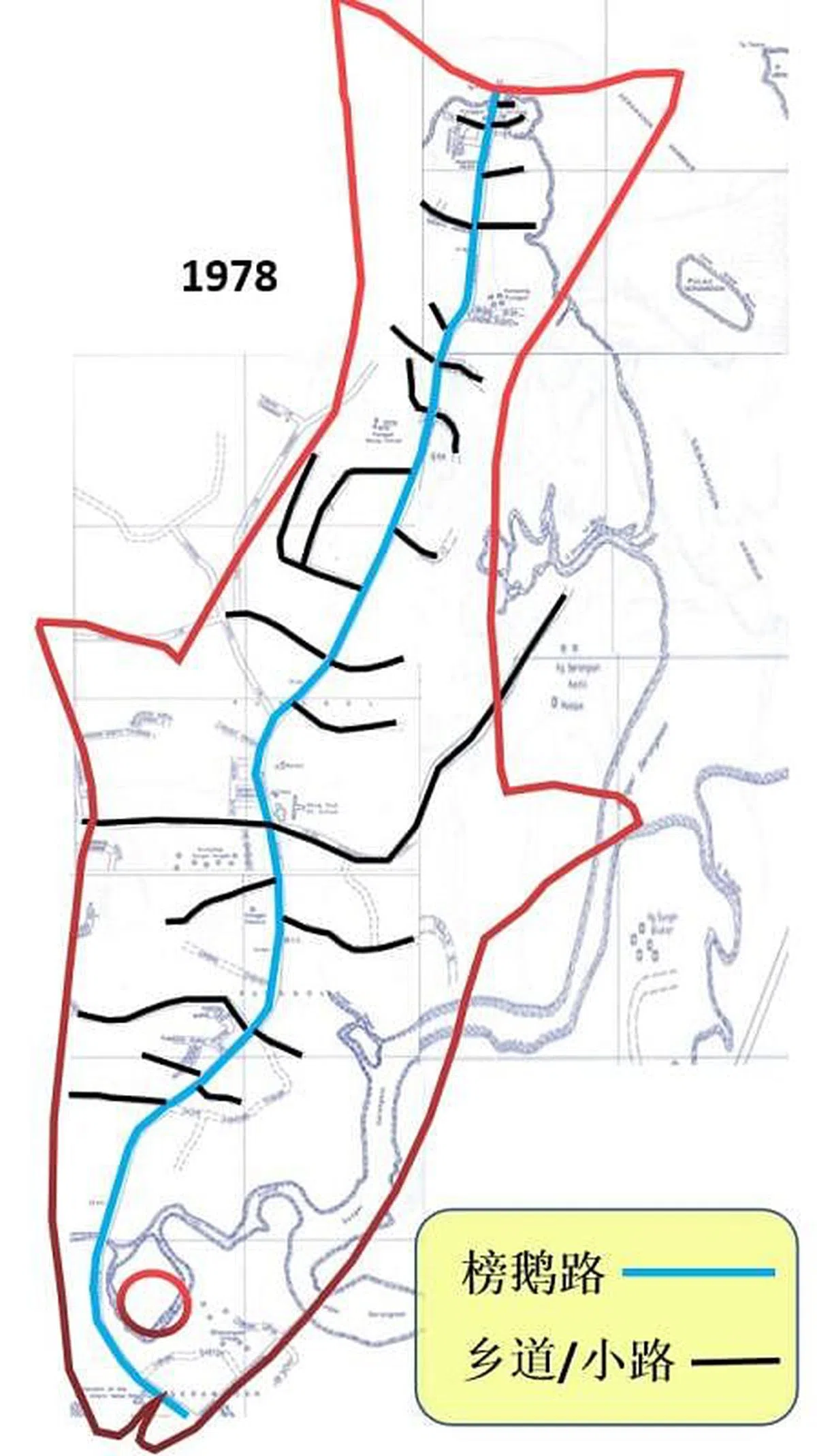 有如“鱼形”的榜鹅路网络。（根据1978年街道指南制图）