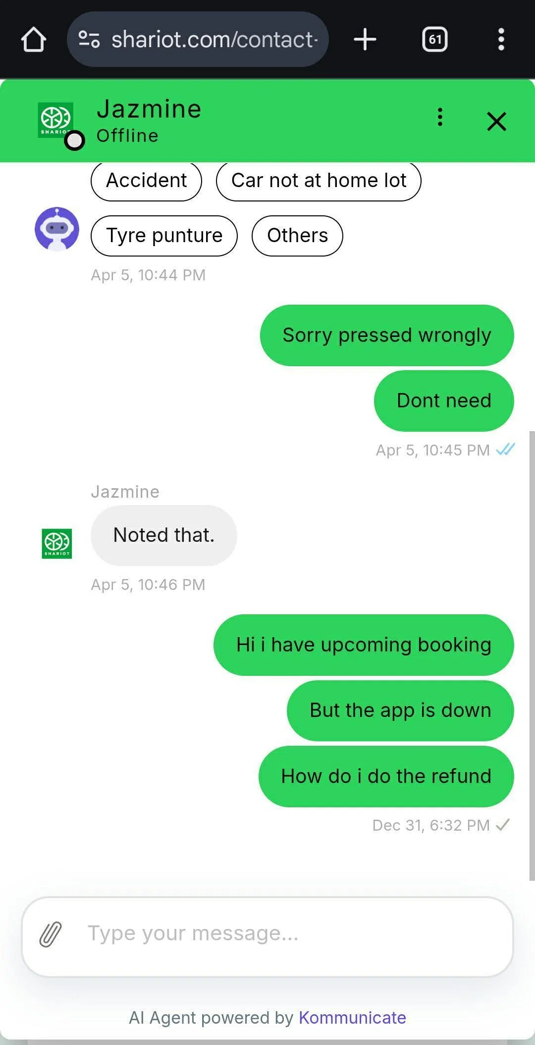 伊斯干达12月31日傍晚6时半尝试通过聊天机器人联系公司要求为当晚的三小时租车预约退款，但未获任何回应。（受访者提供）