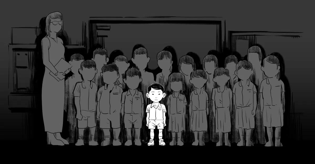 伟轩只因是全班个子最小也最乖，自小学三年级就天天受同学围殴，人数最多时有整10人（漫画 / 卢芳楷）