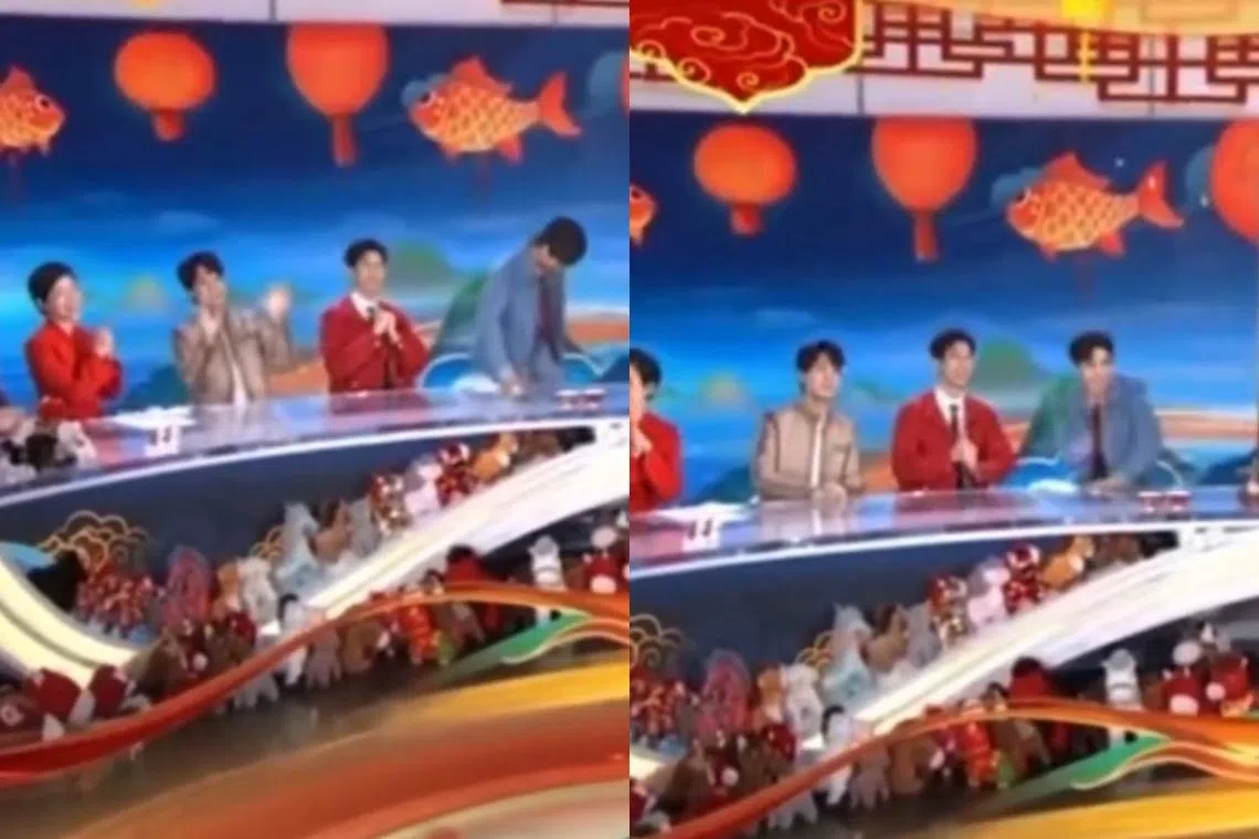 汪苏泷（右一）以为直播结束，站起身要走，后来又赶快坐下。（取自微博）