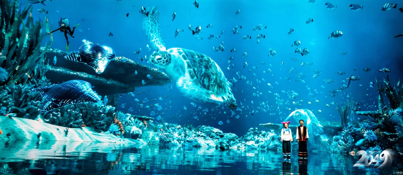 屏幕上的巨型海龟泅泳画面，搭配“彝（yí）声”歌者的演唱，科技与传统的结合，刺激观众感官。（美高梅提供）