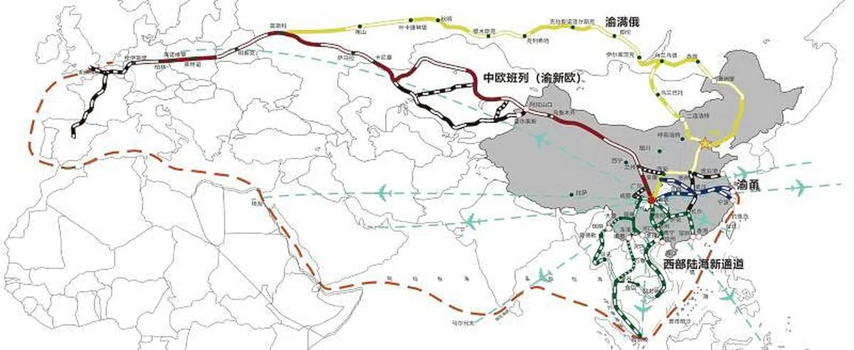 以重庆为运营中心的国际物流枢纽示意图。（重庆国际物流枢纽园区提供）
