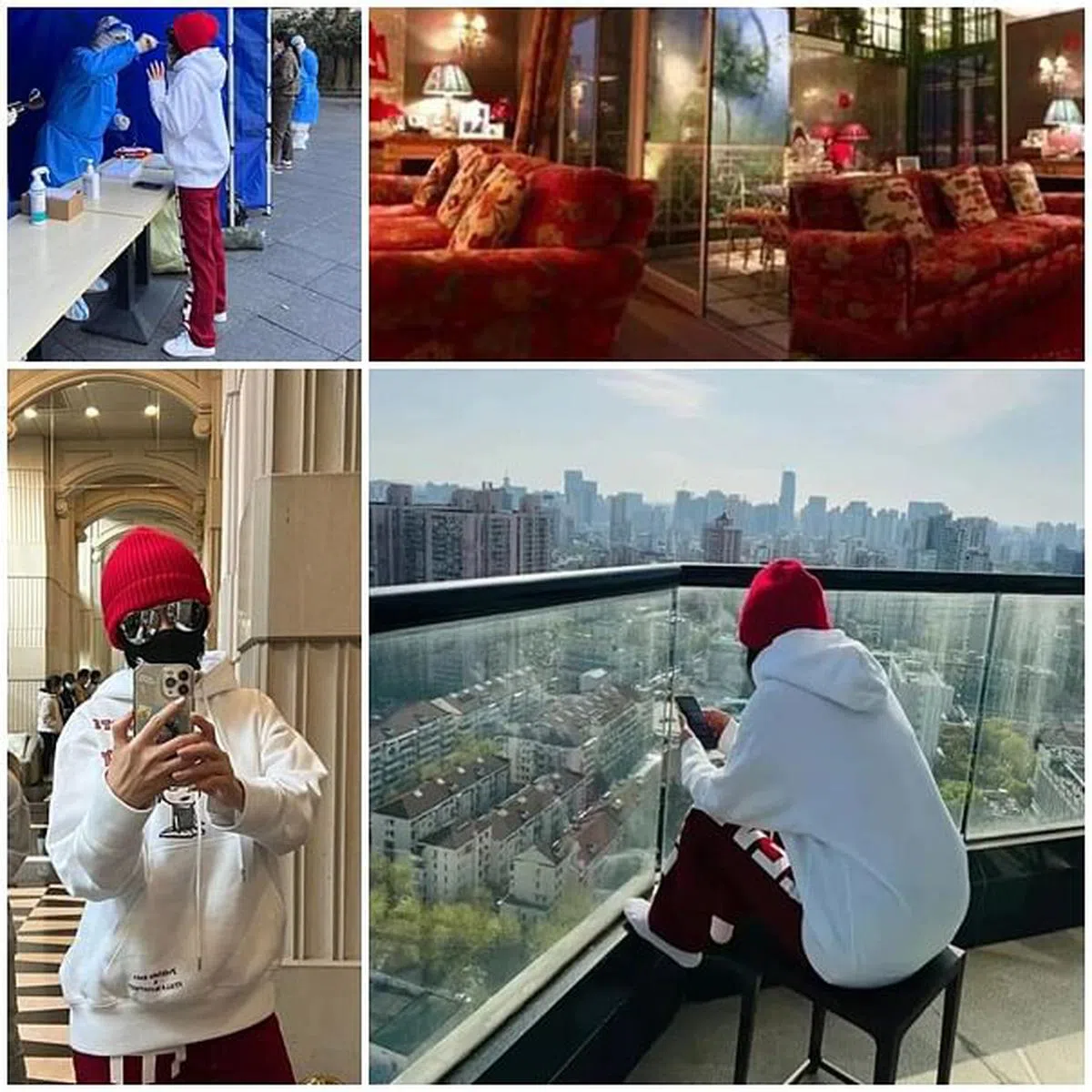 刘嘉玲做核酸（左上角）、自拍都包得很密，但网民议论最多的是她的阳台上可见的华厦景致。（取自艺人IG）