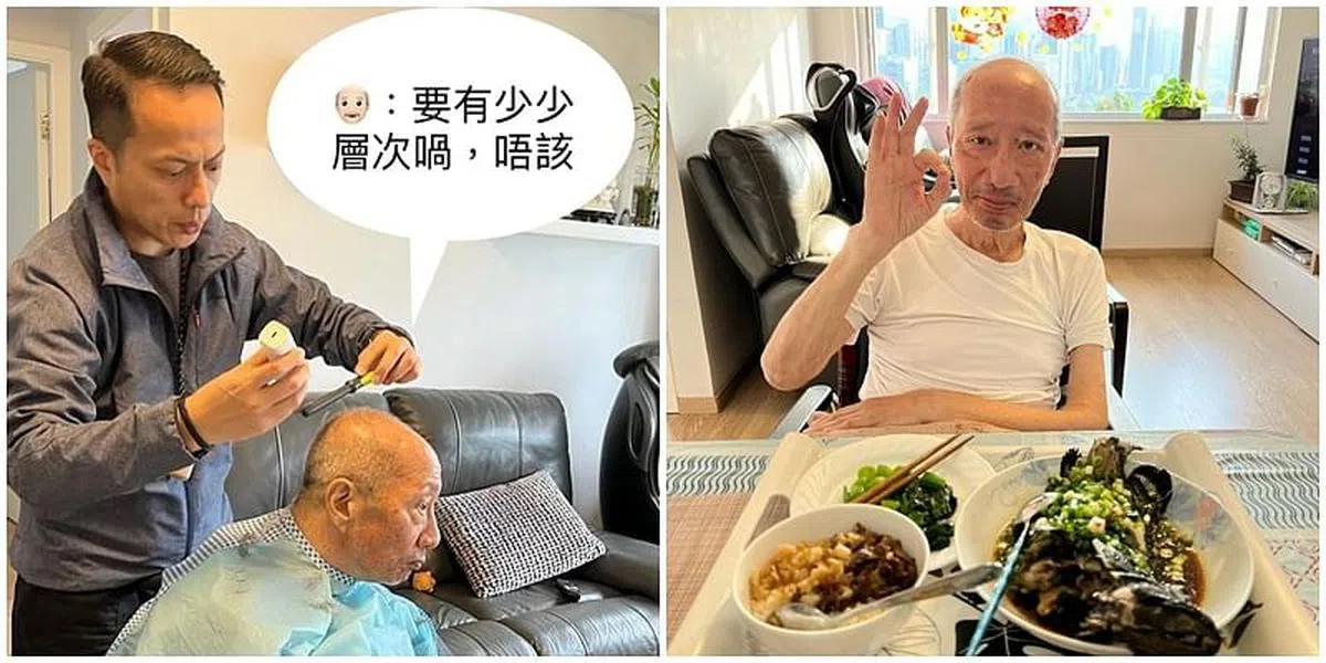 余子明儿子余天佑在父亲的社媒账号，分享替父理发、一日三餐的日常。（取自艺人Instagram）