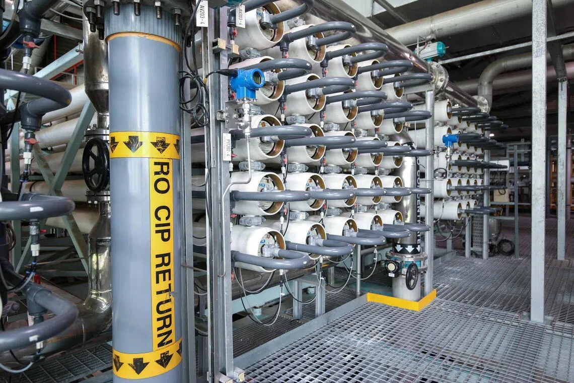 新生水净化过程包括反向渗透（Reverse Osmosis），水在高压下冲过一种特制渗透膜，所有细菌和病毒都留在膜的上面，只有净水流过。（档案照片）