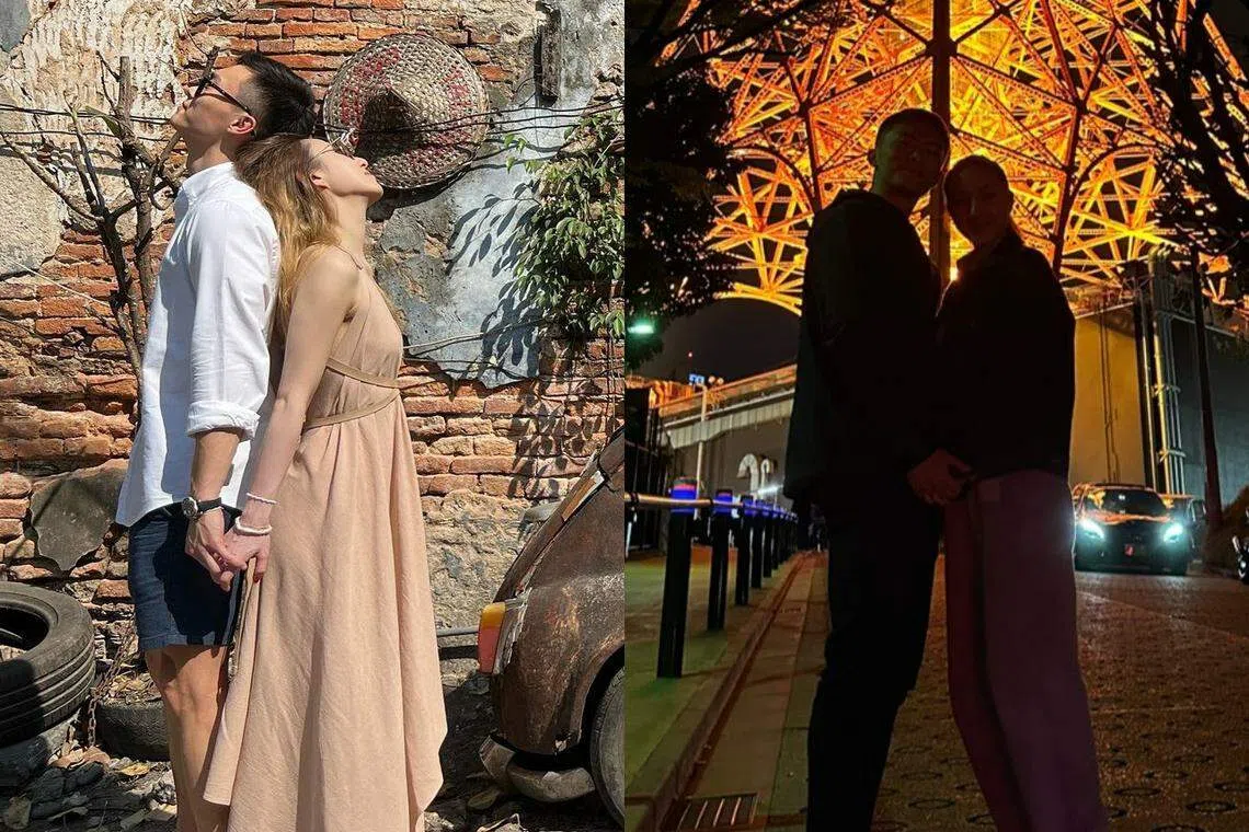 继2022年1月晒出与未婚夫背对背的合照（左）后，何超云近日贴出与未婚夫游日本的合照（右）。（何超云）