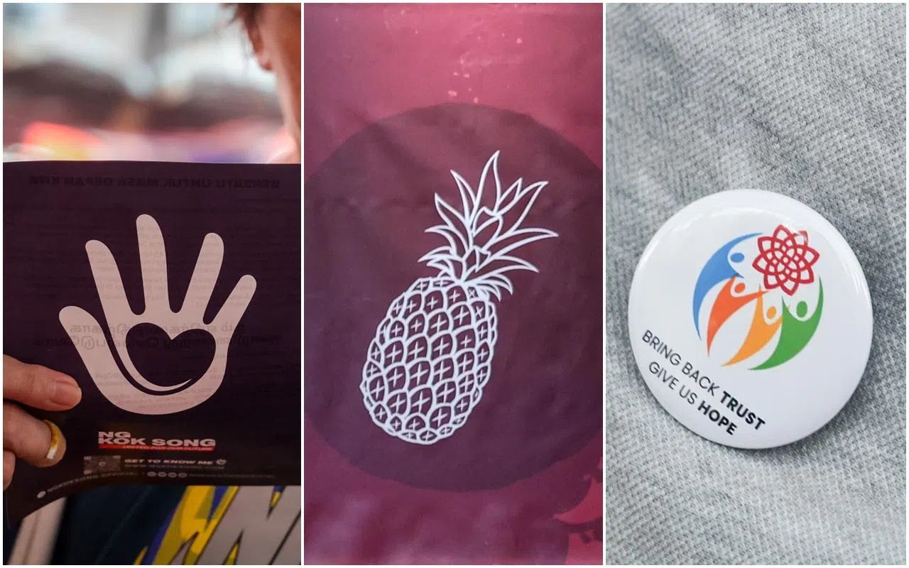 总统候选人的竞选标志分别是：黄国松选用的“手握爱心”（左起）、尚达曼选用的黄梨，以及陈钦亮的“四人捧花”。（叶振忠、关俊威、卓祾祎摄）