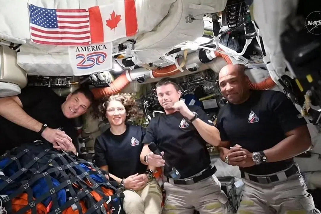 NASA直播的视频截图显示，4月6日，阿耳忒弥斯2号的四名宇航员汉森（左起）、科赫、怀斯曼和格洛弗在猎户座飞船上与美国总统特朗普连线交谈。（法新社）