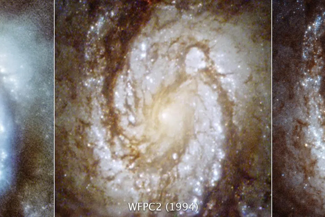 哈勃望远镜于不同时间点所拍摄的M100旋涡星系。左图：1993年，尚未装上矫正系统；中图：1994年装上矫正系统，图片变得十分清晰；右图：2018年再次更新。（取自NASA网站）