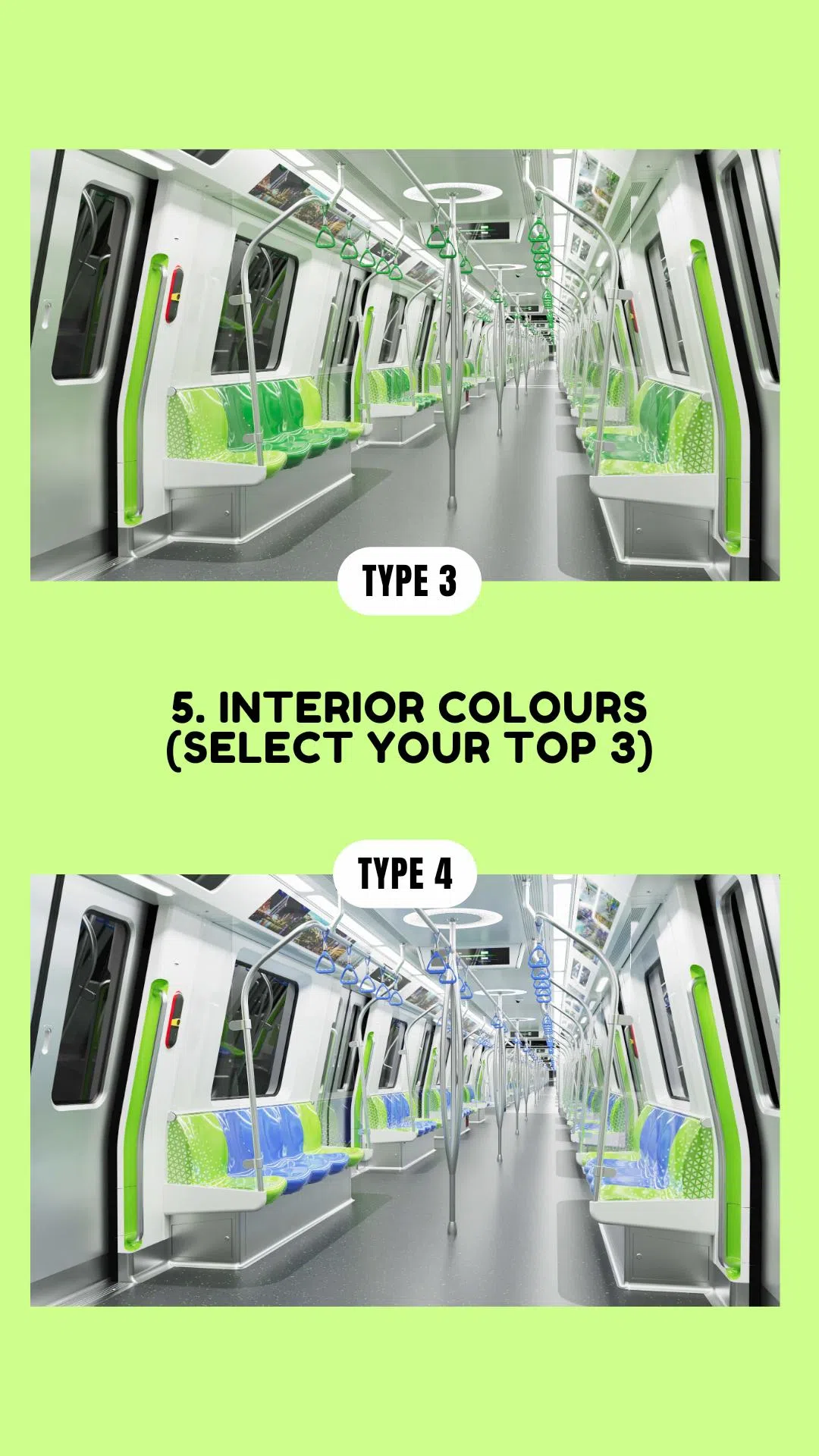 车厢座椅共分浅绿、深绿、橙色及蓝色四种颜色，公众可从中选择三种搭配法。（陆交局提供）